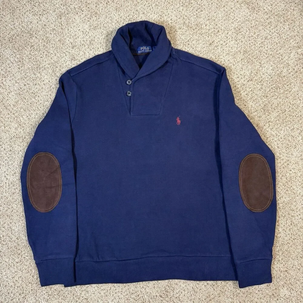 Vtg Polo Ralph Lauren Navy Shawl Neck Sweater Large Faux Suede Elbow Patch Pony